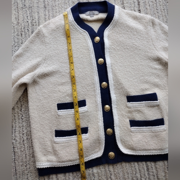 SUPER CLEAN J Crew Boucle Lady Jacket Cardigan Cream Navy Blue Size Large - Picture 8 of 9